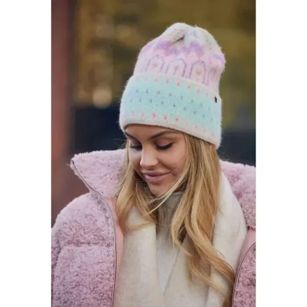 JOCELYN Hat Womens Cream Fair Isle Knit Beanie Pastel One Size Winter